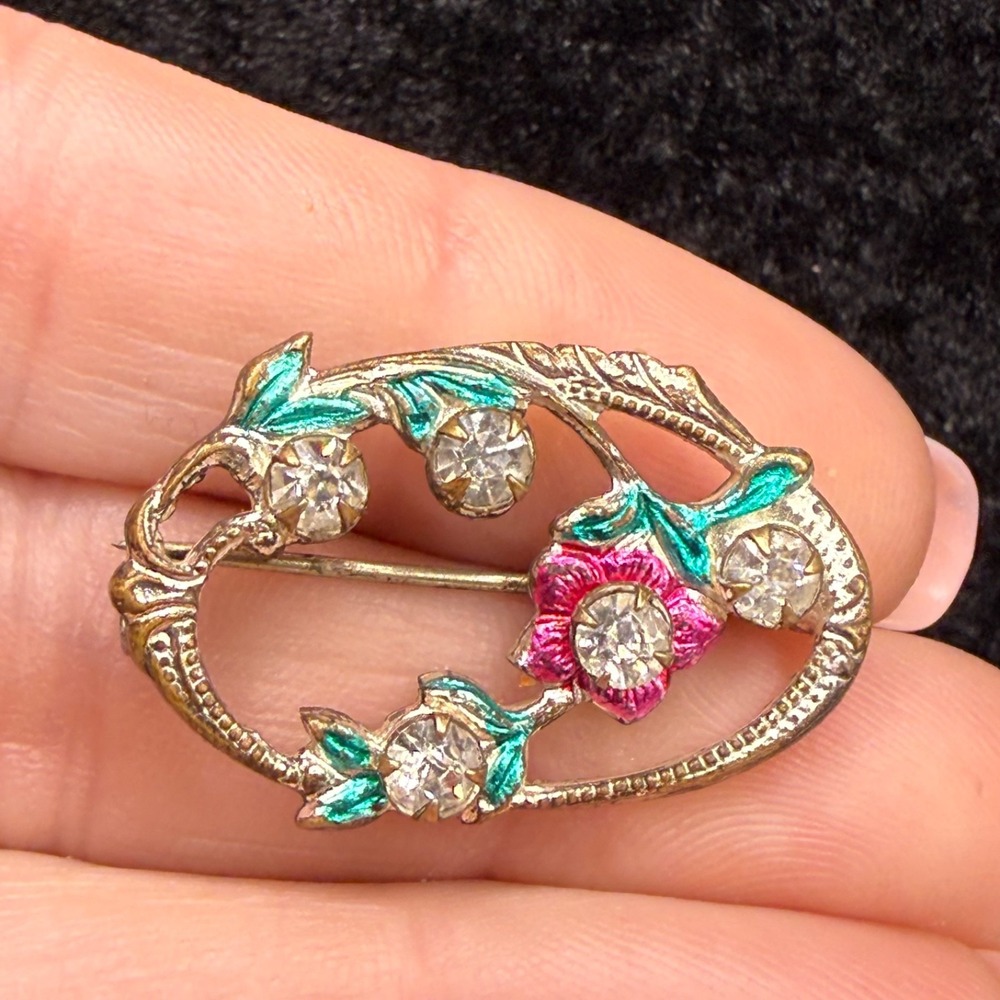 Vintage Flower Brooch‎ Silver Tone Rhinestone Enamel Paste